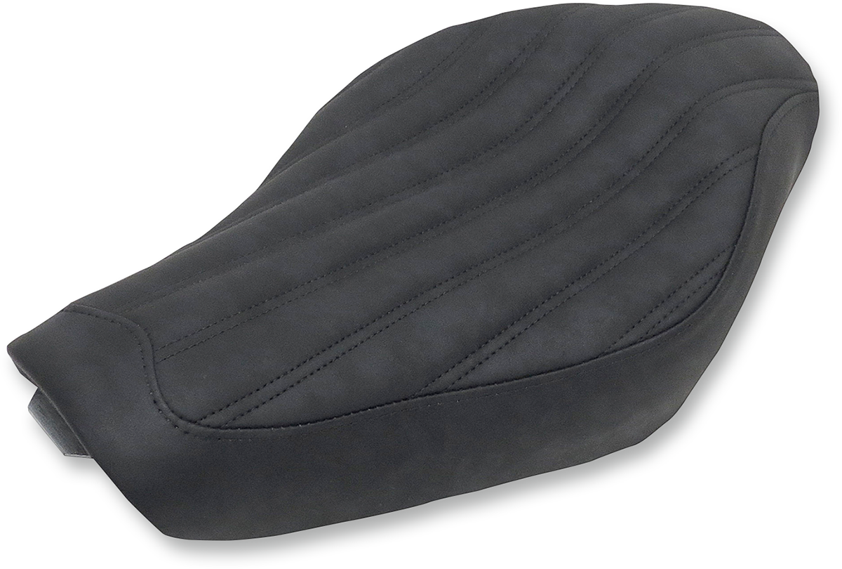 Black SADDLEMEN Knuckle Solo Seat with ribbed design, perfect for motorcycle customization, shown on a bike with detailed stitching.