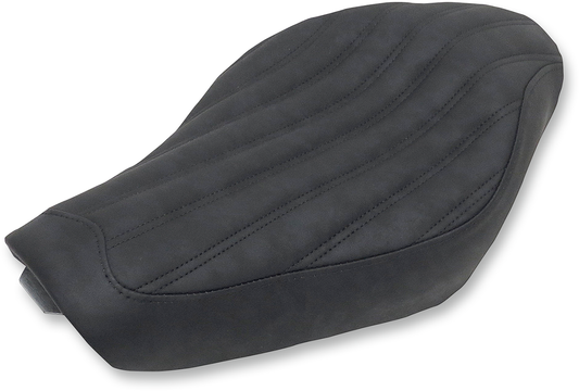 Black SADDLEMEN Knuckle Solo Seat with ribbed design, perfect for motorcycle customization, shown on a bike with detailed stitching.