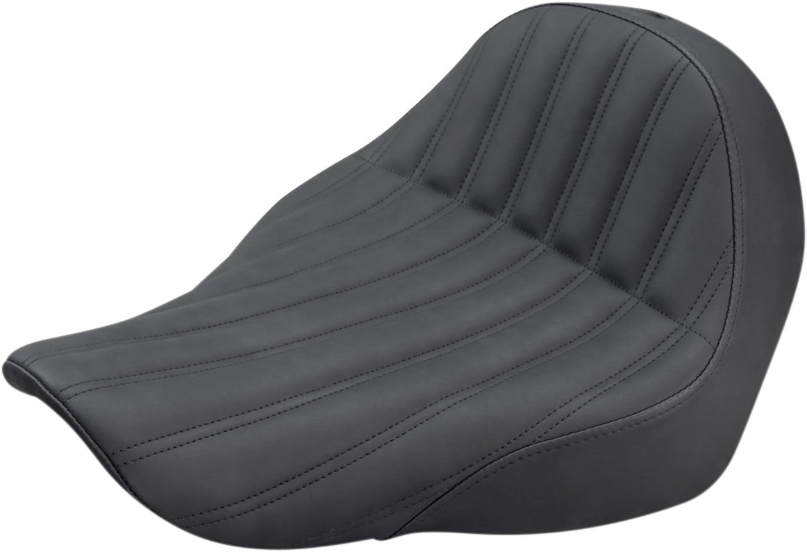 Black SADDLEMEN Knuckle Solo Seat with ribbed design, compatible with motorcycle seats, shown from a side angle.