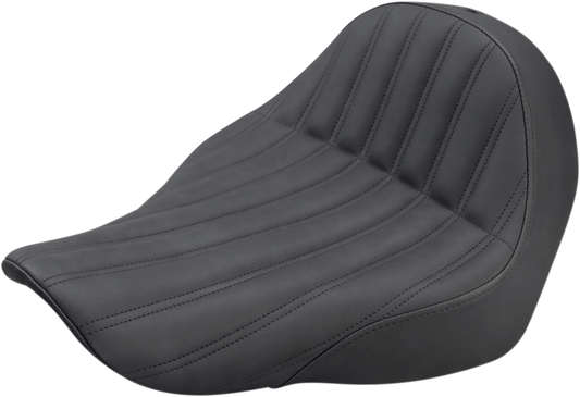 Black SADDLEMEN Knuckle Solo Seat with ribbed design, compatible with motorcycle seats, shown from a side angle.