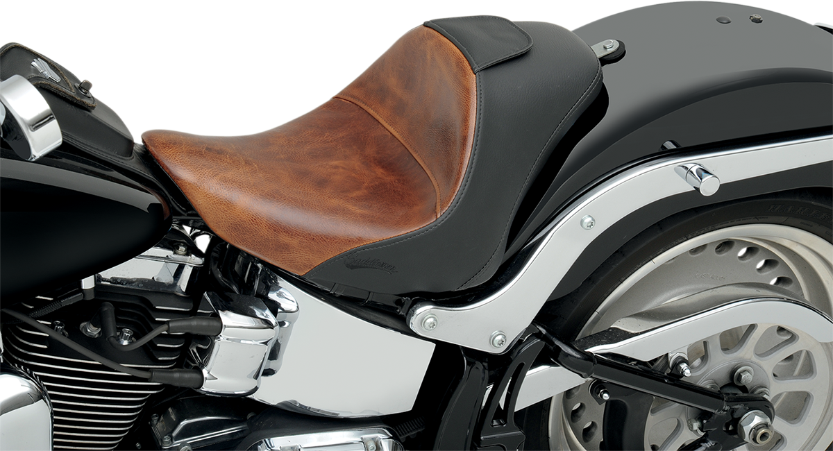 SADDLEMEN Lariat Seat for Softail models 2006-2017, black leather motorcycle seat with contoured design, by Bill's Exhausts