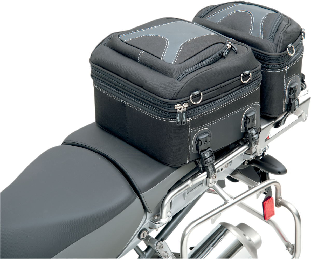 Bill's Exhausts Saddlemen Pillion Luggage Bag for motorcycle seats, black, durable, with convenient storage for rider and passenger.