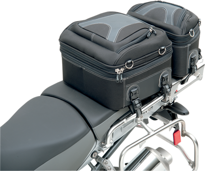 Bill's Exhausts Saddlemen Pillion Luggage Bag for motorcycle seats, black, durable, with convenient storage for rider and passenger.