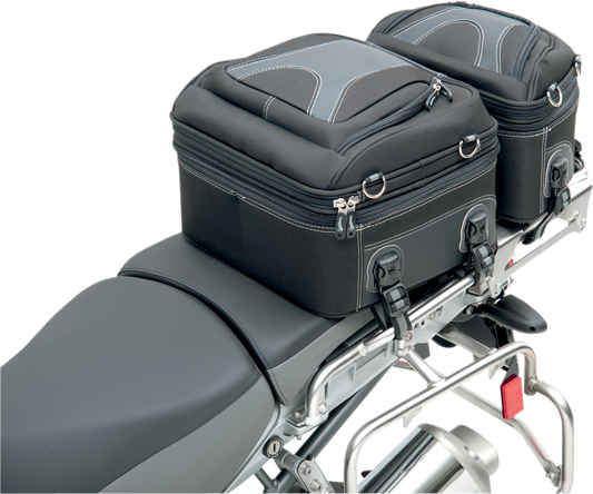 Bill's Exhausts Saddlemen Pillion Luggage Bag for motorcycle seats, black, durable, with convenient storage for rider and passenger.