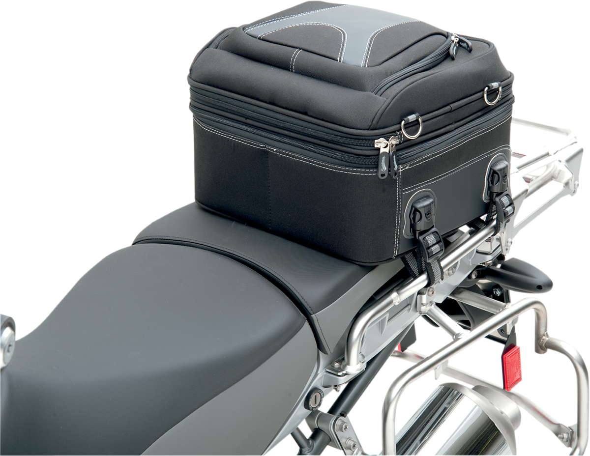 Bill's Exhausts Saddlemens Pillion Luggage Bag 3516-0145 mounted on motorcycle seat for passenger storage.