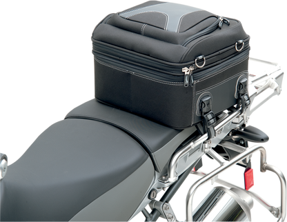 Bill's Exhausts Saddlemens Pillion Luggage Bag 3516-0145 mounted on motorcycle seat for passenger storage.