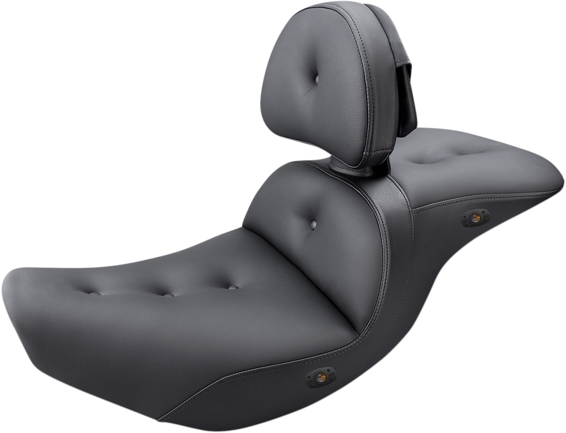 Bill's Exhausts SADDLEMEN Pillow-Top Heated Roadsofa Seat with backrest for Indian motorcycles, featuring plush padding and ergonomic design.