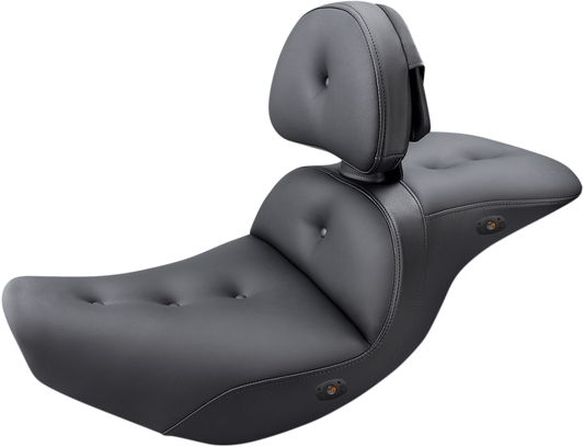 Bill's Exhausts SADDLEMEN Pillow-Top Heated Roadsofa Seat with backrest for Indian motorcycles, featuring plush padding and ergonomic design.