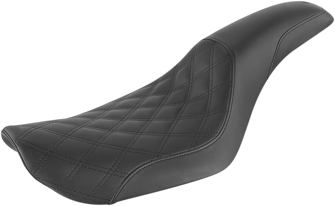 Black SADDLEMEN Profiler seat for FXD '96-'03, front lattice and rear smooth design, featuring a sleek motorcycle seat.