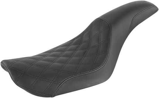 Black SADDLEMEN Profiler seat for FXD '96-'03, front lattice and rear smooth design, featuring a sleek motorcycle seat.