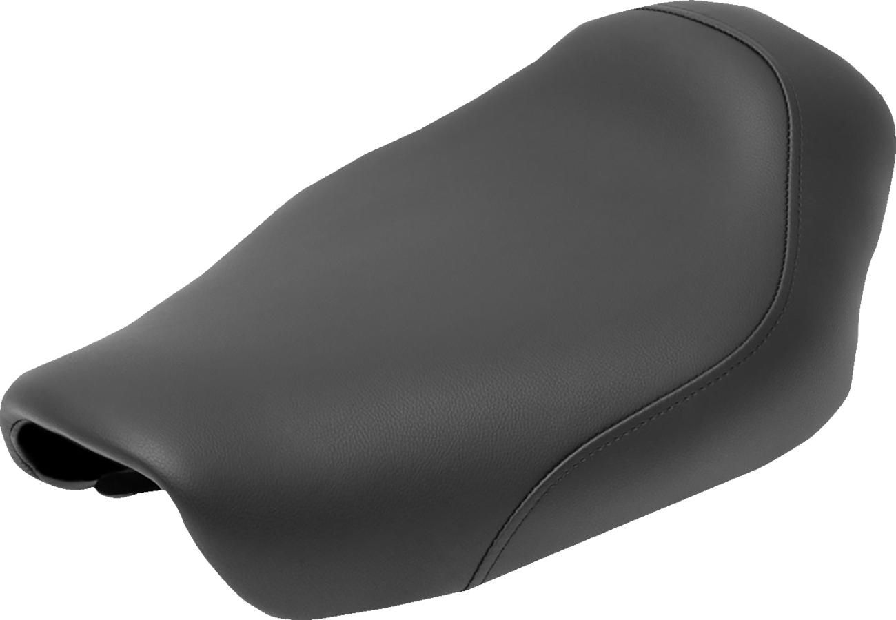 Bill's Exhausts Saddlemen Renegade Seat for FXD 2004-2005 motorcycle, black leather seat with detailed stitching.