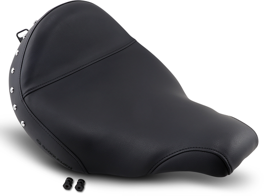 Studded SADDLEMEN Renegade Seat for motorcycle, black leather with decorative studs, designed for comfort and style.