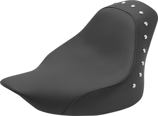 Bill's Exhausts SADDLEMEN Renegade Studded Seat for motorcycle, featuring a black leather seat with silver stud accents.