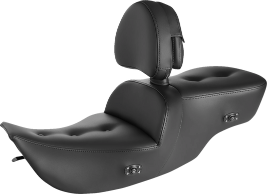 Black Saddlemens Roadsofa Pillow Top Seat with backrest and heater, designed for motorcycle comfort, featuring plush padding and ergonomic support.