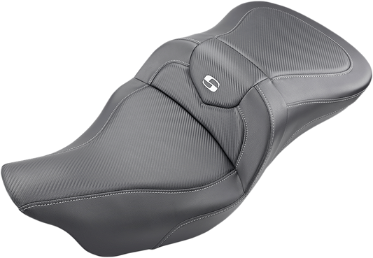 Black Saddlemens Roadsofa seat made of carbon fiber without backrest for Harley FLHTCUTG models 2009-2023.