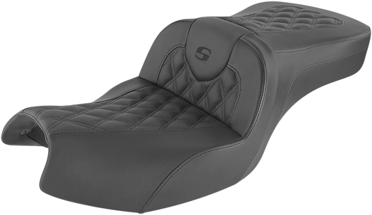Black Saddlemen Roadsofa seat with full lattice stitch design, showcasing its sleek motorcycle seat style and craftsmanship.