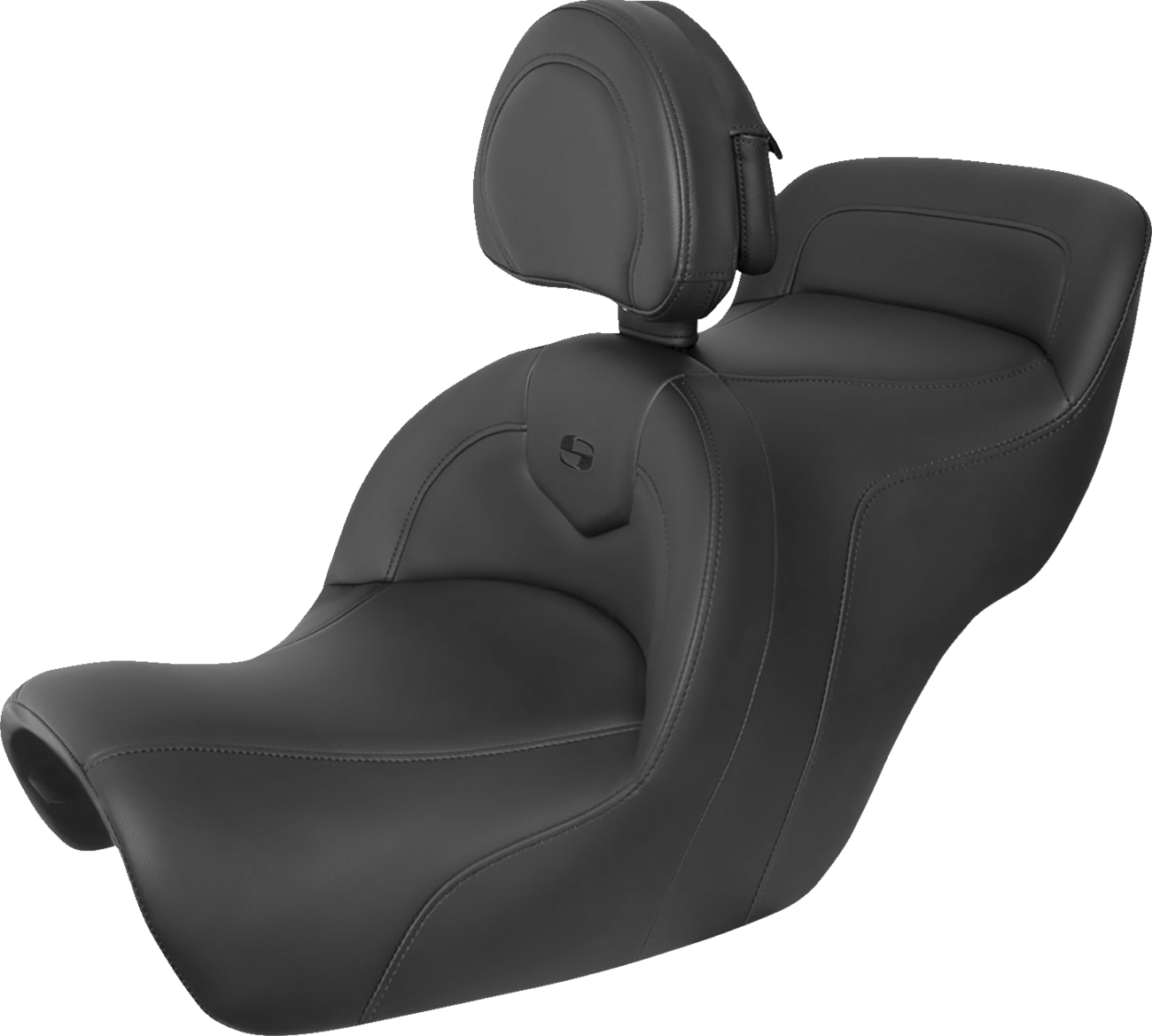 Black Saddlemens Roadsofa motorcycle seat with included backrest, featuring sleek design and comfortable padding.