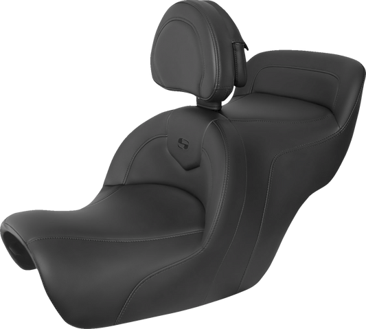 Black Saddlemens Roadsofa motorcycle seat with included backrest, featuring sleek design and comfortable padding.