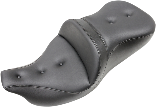 Black SADDLEMEN Roadsofa seat with pillow top for FLHTCUTG motorcycles, featuring a seat only without backrest, by Bill's Exhausts.