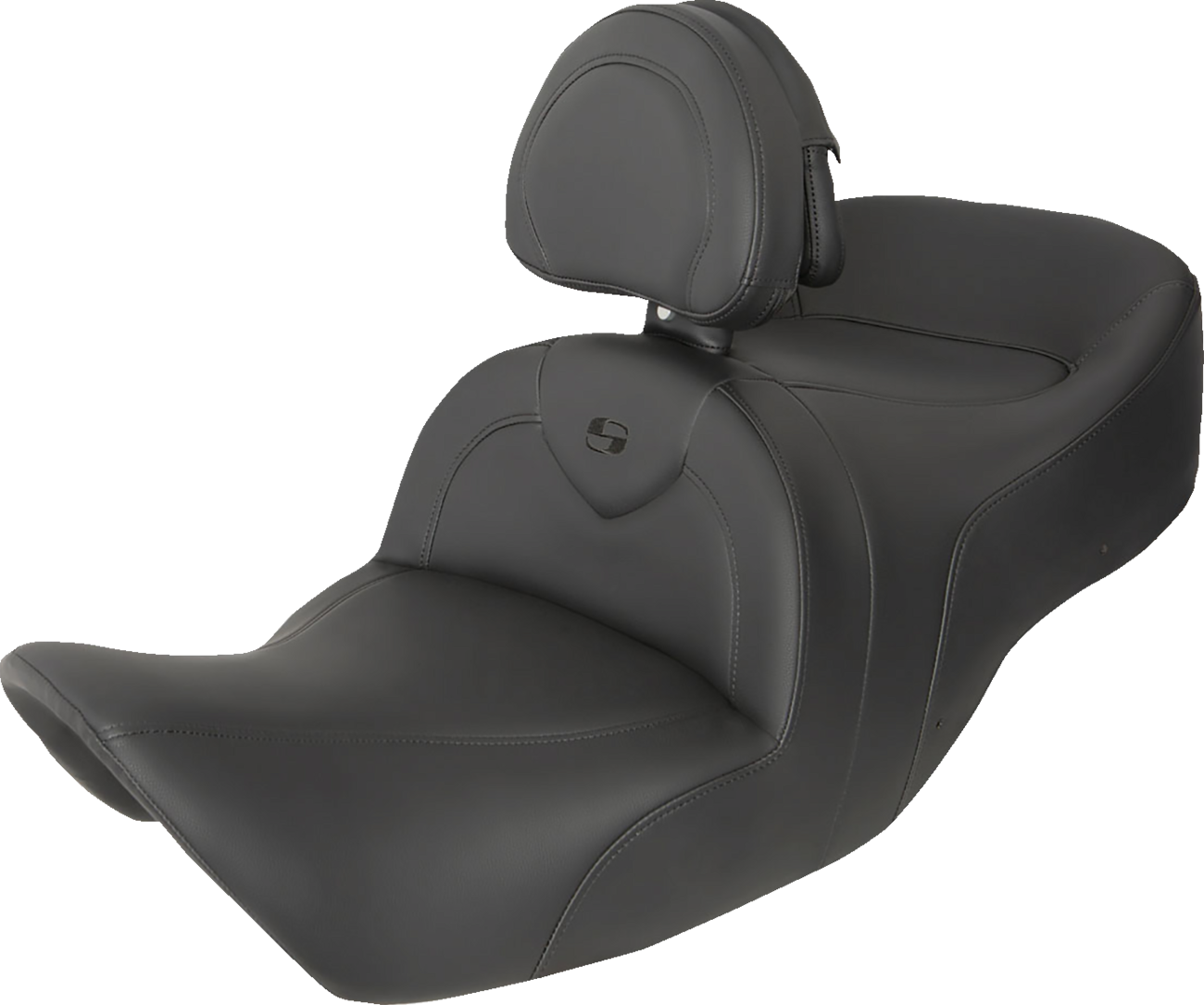 Black Saddlemens RoadSofa seat with backrest and black stitching for Honda GL1800 2001-2010 motorcycle, featuring comfortable design.