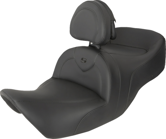 Black Saddlemens RoadSofa seat with backrest and black stitching for Honda GL1800 2001-2010 motorcycle, featuring comfortable design.