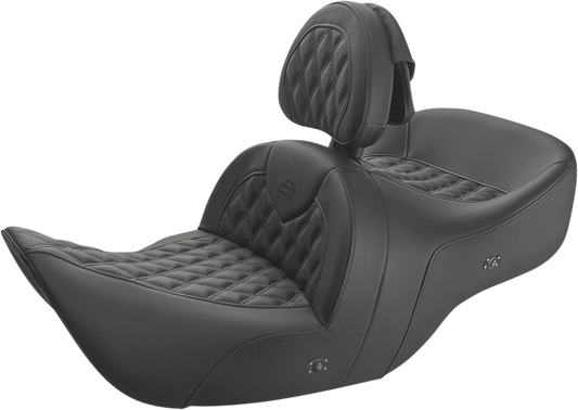 Black SADDLEMEN Roadsofa seat with backrest, lattice stitching, heated feature, designed for motorcycle comfort and style.
