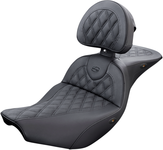 Black SADDLEMEN Roadsofa motorcycle seat with backrest, full lattice stitch, heated feature, designed for comfort and style.