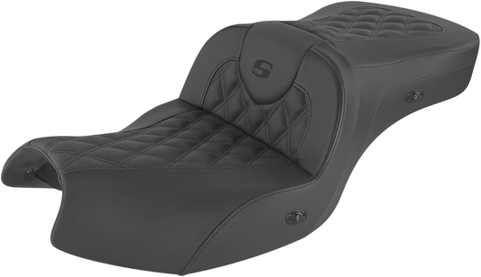 Bill's Exhausts SADDLEMEN Roadsofa seat without backrest, black full lattice stitch, heated motorcycle seat for comfort and style.