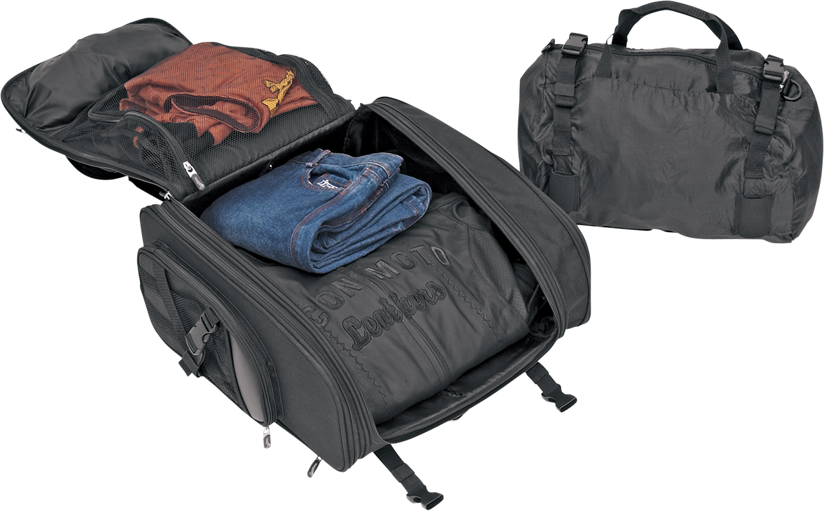 Bill's Exhausts SADDLEMEN S2200E expandable sissy bar bag mounted on motorcycle seat, showcasing storage capacity and durable design