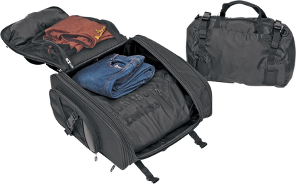 Bill's Exhausts SADDLEMEN S2200E expandable sissy bar bag mounted on motorcycle seat, showcasing storage capacity and durable design