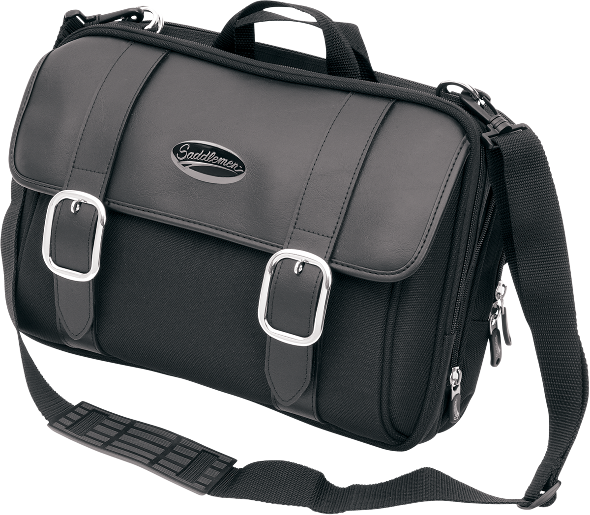 Bill's Exhausts SADDLEMEN S3200DE Deluxe Sissy Bar Bag mounted on motorcycle seat, featuring durable design and ample storage space.