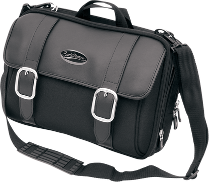 Bill's Exhausts SADDLEMEN S3200DE Deluxe Sissy Bar Bag mounted on motorcycle seat, featuring durable design and ample storage space.