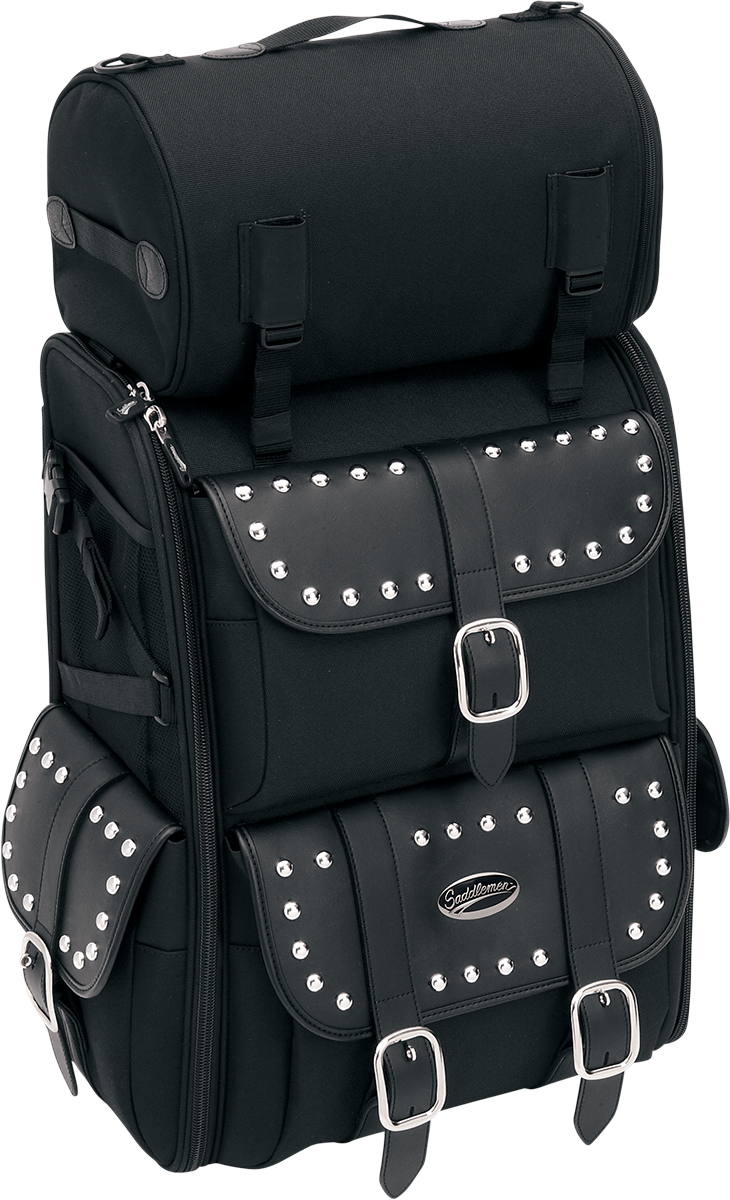 Bill's Exhausts SADDLEMEN S3500S Deluxe Sissy Bar Bag attached to motorcycle seat, showcasing durable luggage storage.