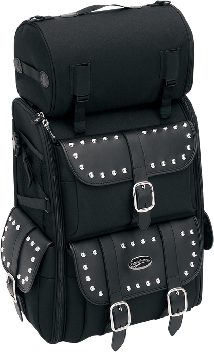 Bill's Exhausts SADDLEMEN S3500S Deluxe Sissy Bar Bag attached to motorcycle seat, showcasing durable luggage storage.