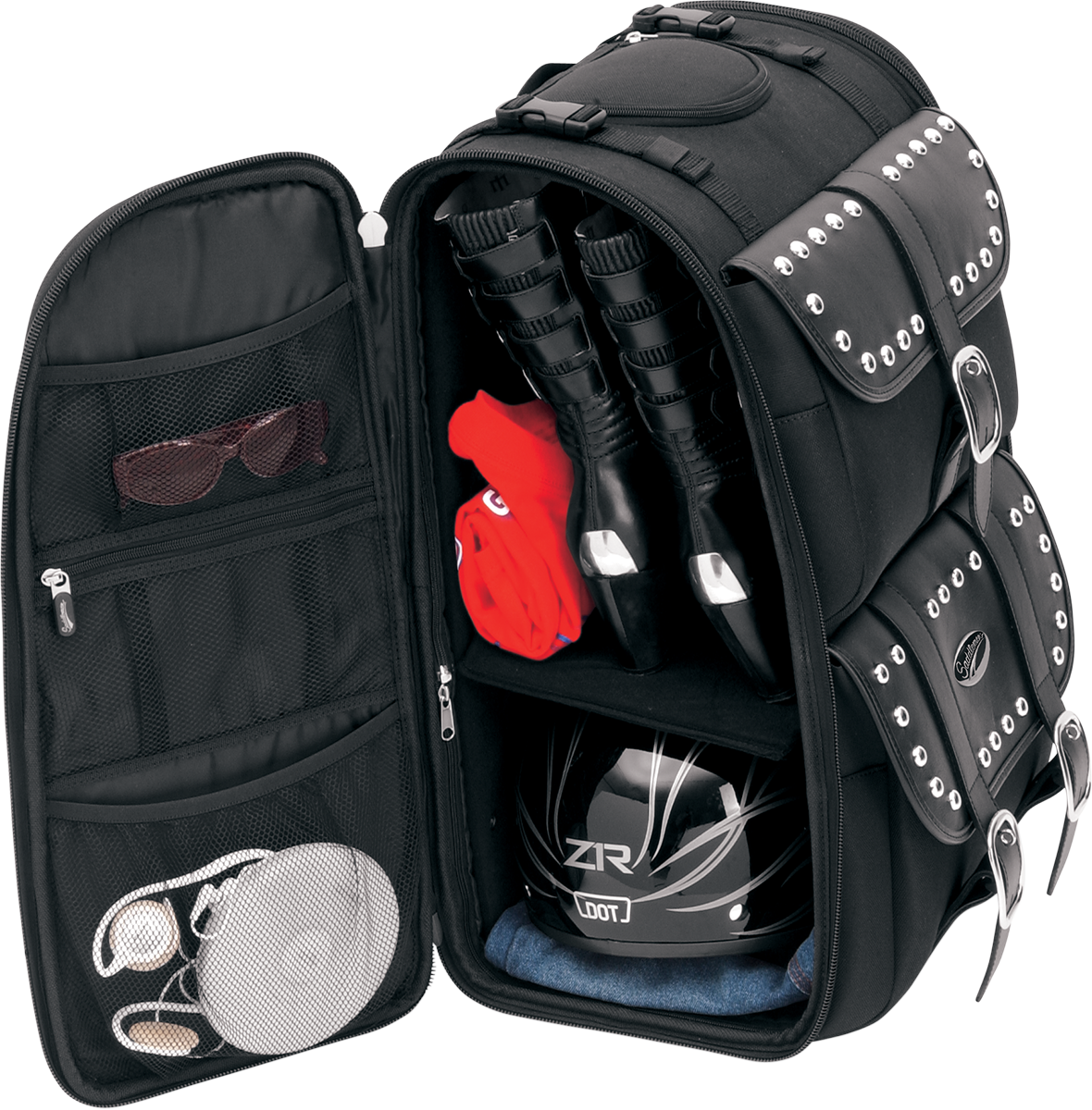 Bill's Exhausts SADDLEMEN S3500S Deluxe Sissy Bar Bag mounted on motorcycle seat, featuring durable design and spacious storage.