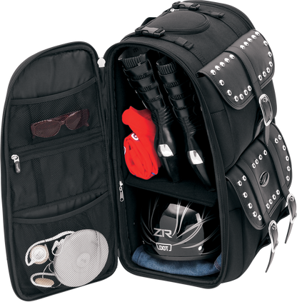 Bill's Exhausts SADDLEMEN S3500S Deluxe Sissy Bar Bag mounted on motorcycle seat, featuring durable design and spacious storage.