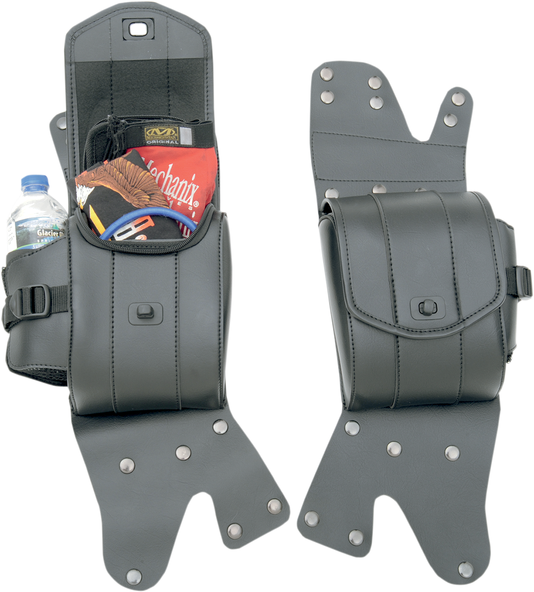 Bill's Exhausts Saddlemen saddlebag guard bag set for touring motorcycles, mounted on seats for protection and style.