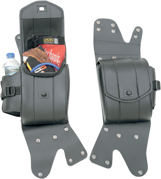 Bill's Exhausts Saddlemen saddlebag guard bag set for touring motorcycles, mounted on seats for protection and style.
