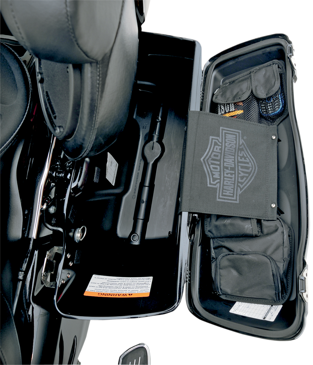 Bill's Exhausts Saddlemen Saddlebag Lid Organizer for seats, designed to organize and secure items on motorcycle saddlebags.