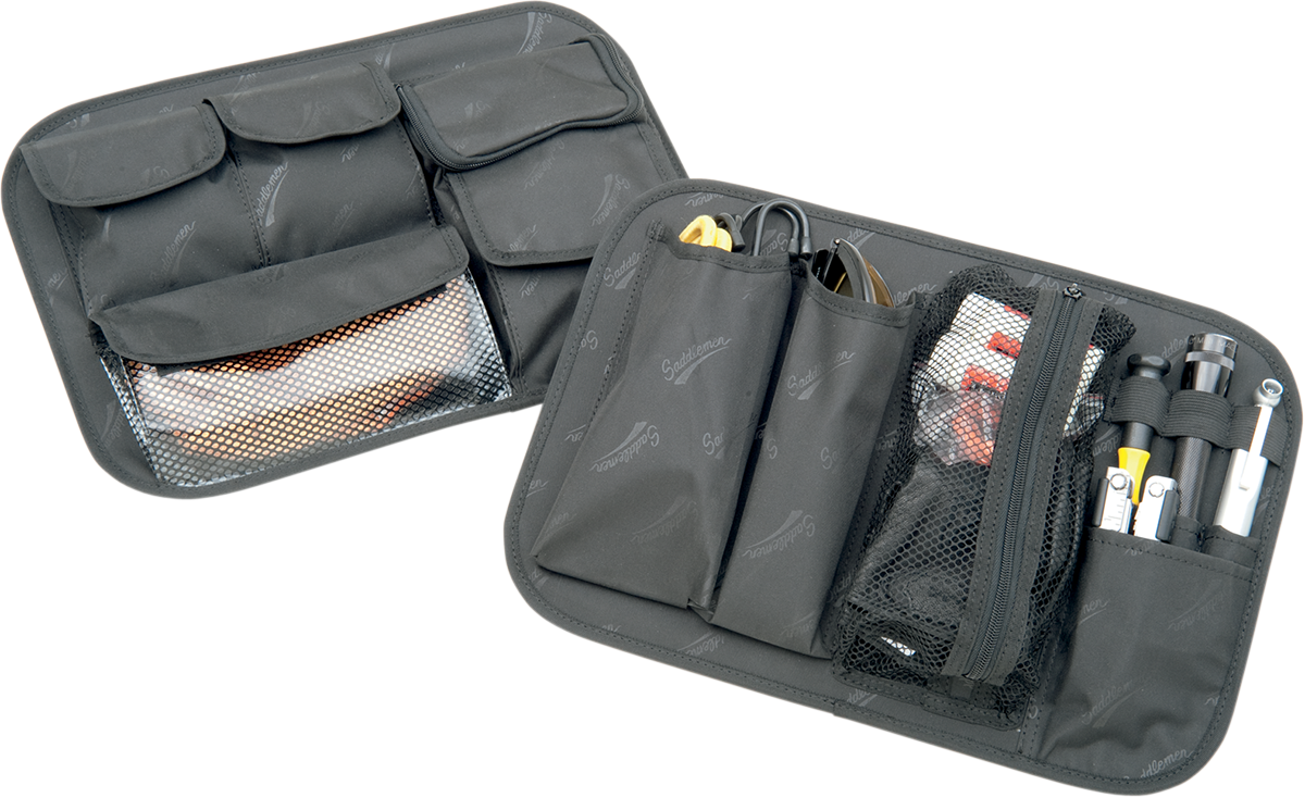 Bill's Exhausts Saddlemen saddlebag lid organizer for seats, featuring multiple compartments and durable construction.