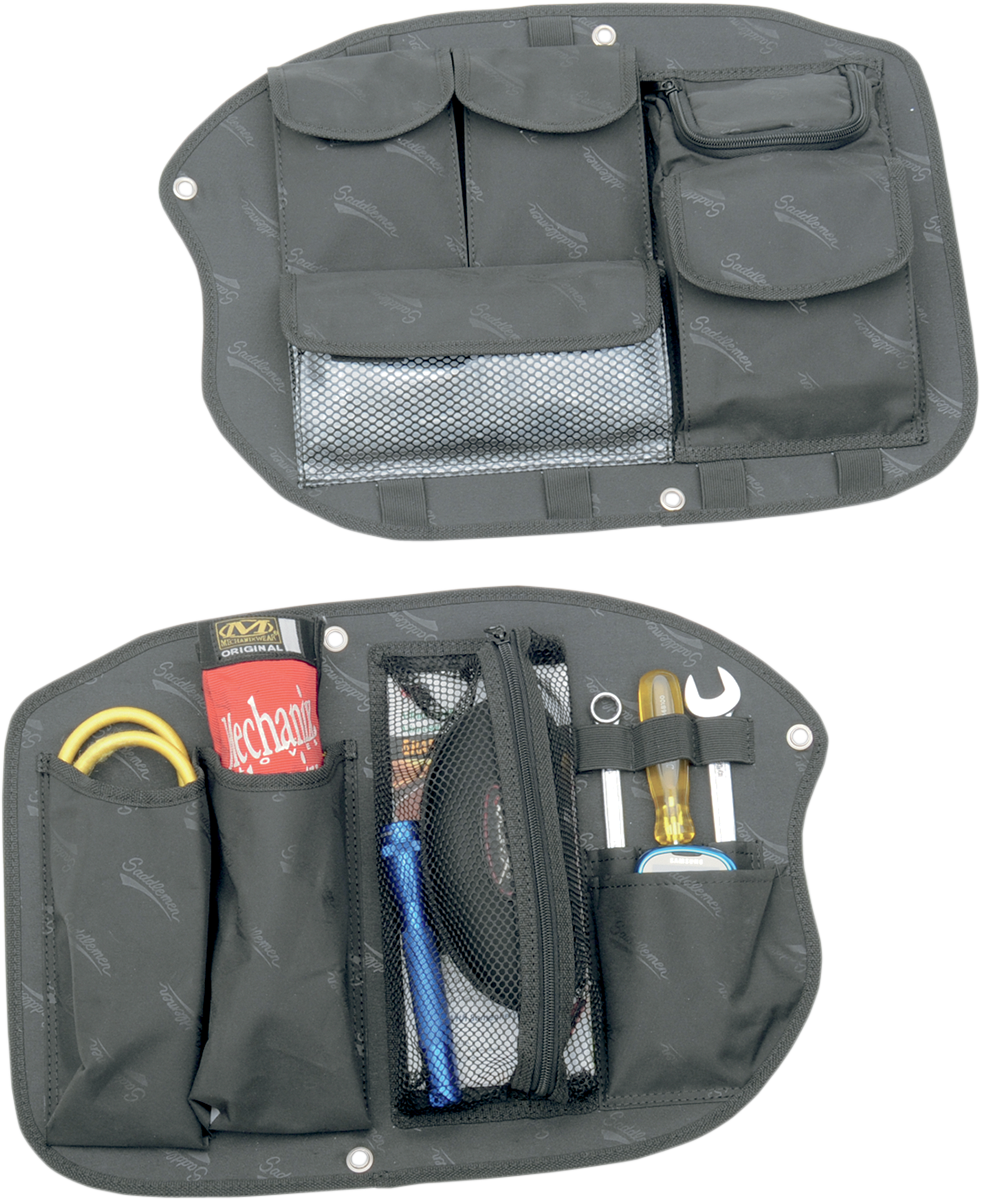 Bill's Exhausts Saddlemen saddlebag organizer for seats, compact storage solution with durable design for motorcycle luggage.