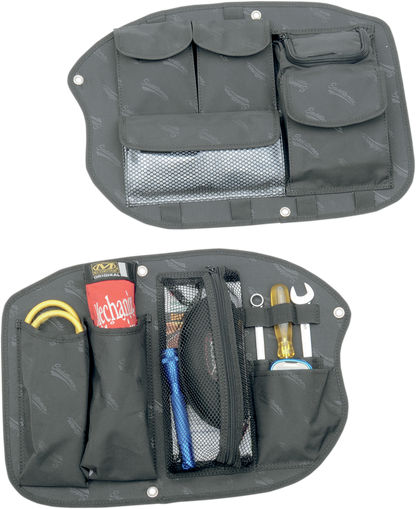 Bill's Exhausts Saddlemen saddlebag organizer for seats, compact storage solution with durable design for motorcycle luggage.