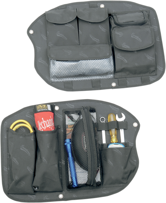 Bill's Exhausts Saddlemen saddlebag organizer for seats, compact storage solution with durable design for motorcycle luggage.