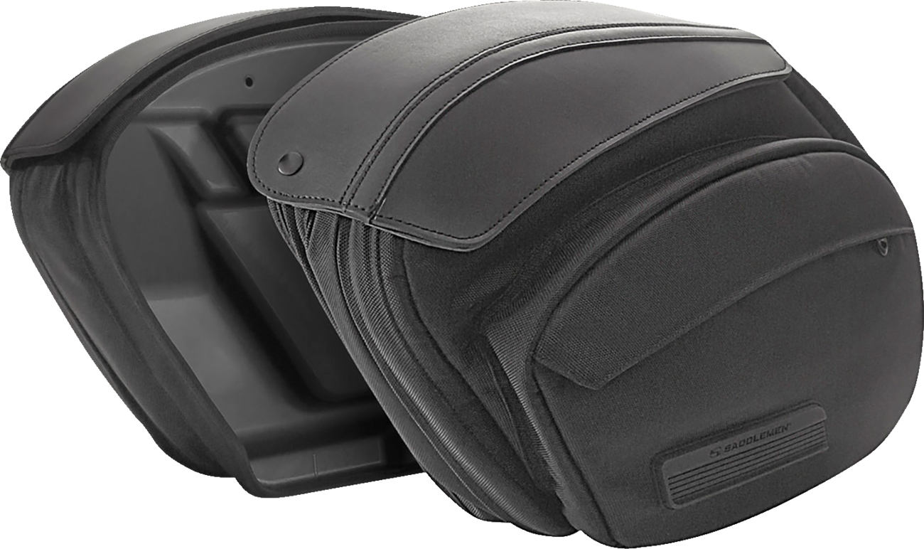 Bill's Exhausts Saddlemens Saddlebags for Dyna motorcycle, black leather seats with secure mounting and detailed stitching.
