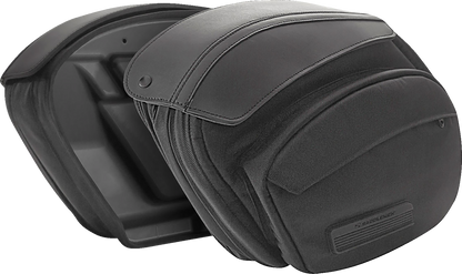 Bill's Exhausts Saddlemens Saddlebags for Dyna motorcycle, black leather seats with secure mounting and detailed stitching.