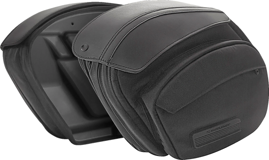 Bill's Exhausts Saddlemens Saddlebags for Dyna motorcycle, black leather seats with secure mounting and detailed stitching.