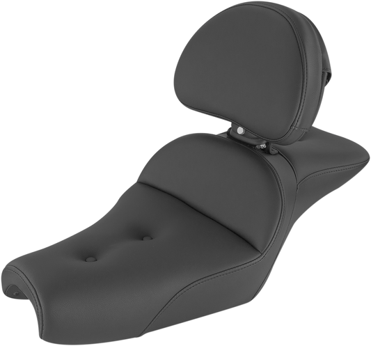 Black SADDLEMEN Explorer seat with backrest and pillow top, designed for motorcycle comfort and style.