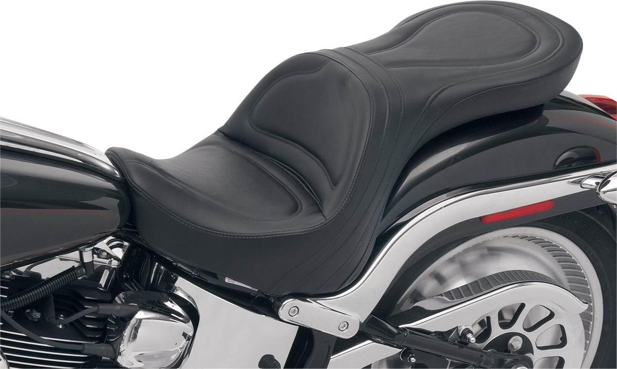 Black SADDLEMEN Explorer motorcycle seat without backrest, stitched design for FXSTD models.
