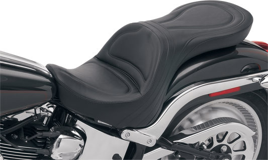 Black SADDLEMEN Explorer motorcycle seat without backrest, stitched design for FXSTD models.