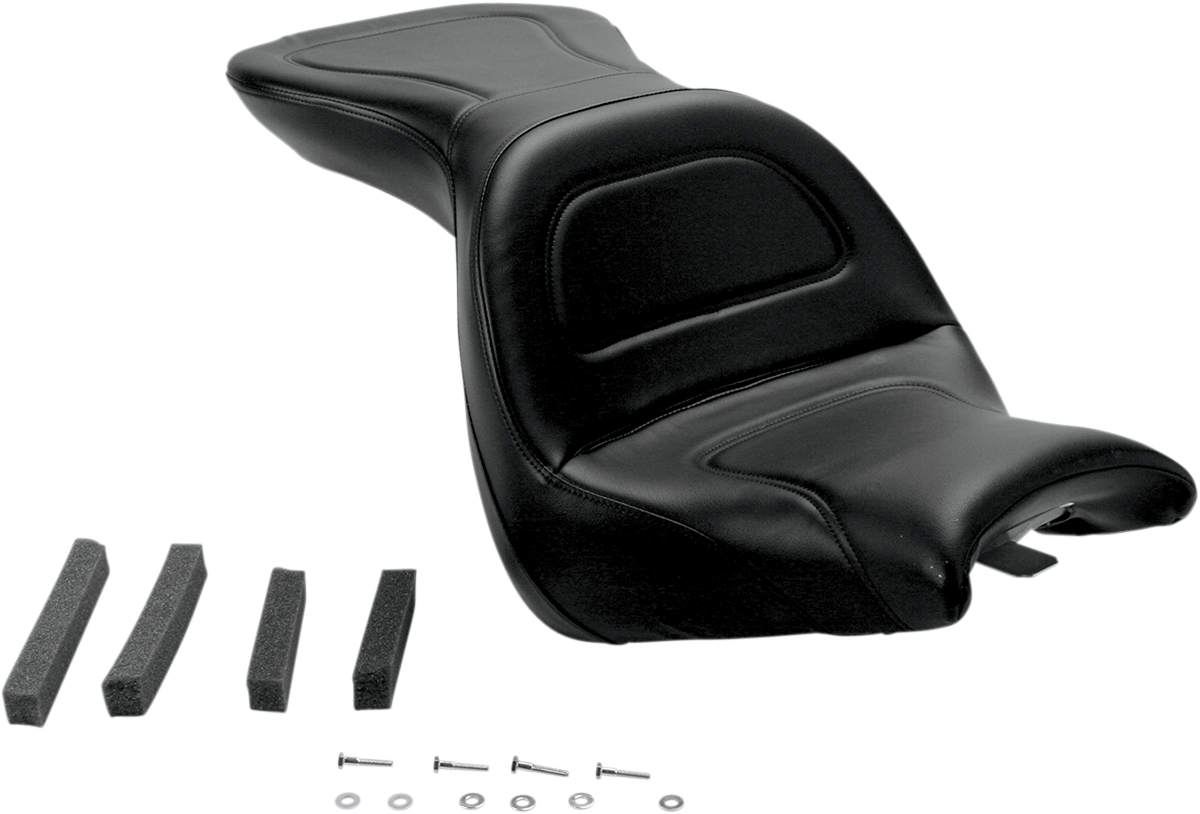 Black SADDLEMEN Explorer motorcycle seat without backrest, stitched design for VT1300R and S models, by Bill's Exhausts